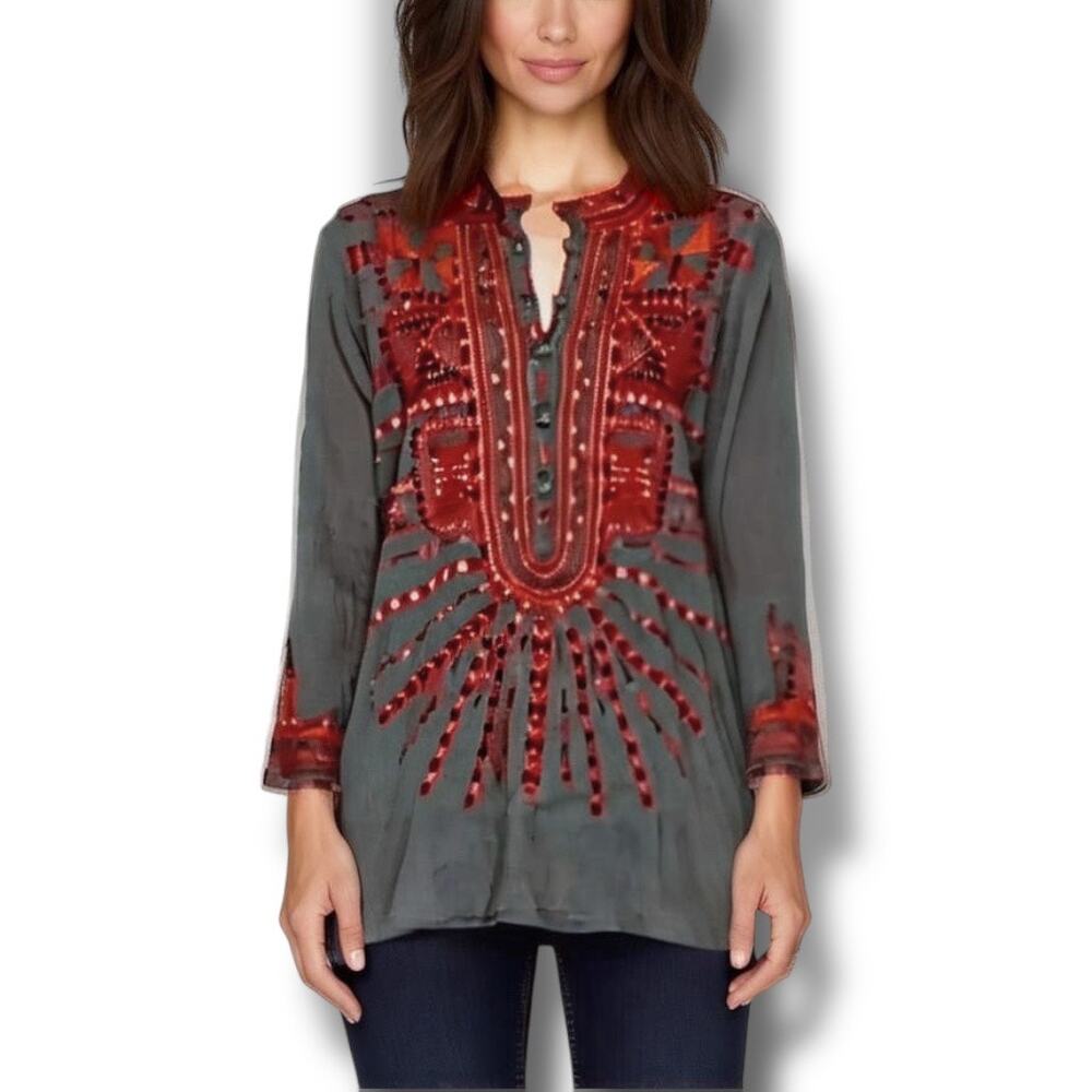 Johnny Was Size S Biya Long Sleeve Embroidered‎ Cotton Tunic Gray Red Boho